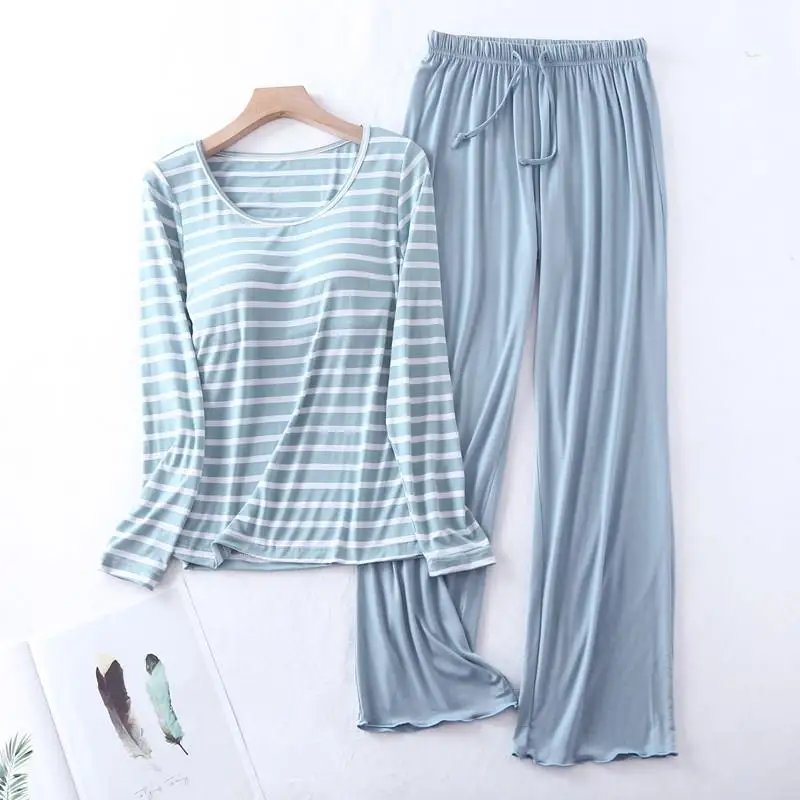 

Casual Loose Pajamas for Women Long Sleeve Autumn Winter Pijamas Womens Sleepwear Bra pad Stripe Ladies Set Pyjama Femme