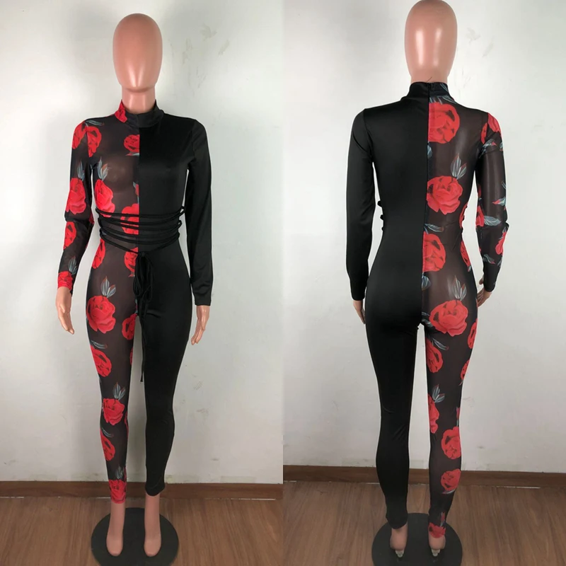 

ZKYZWX Floral Print Mesh Sheer Patchwork Bodycon Jumpsuit Sexy Club Outfits for Women 2021 One Piece Long Sleeve Bodycon Rompers