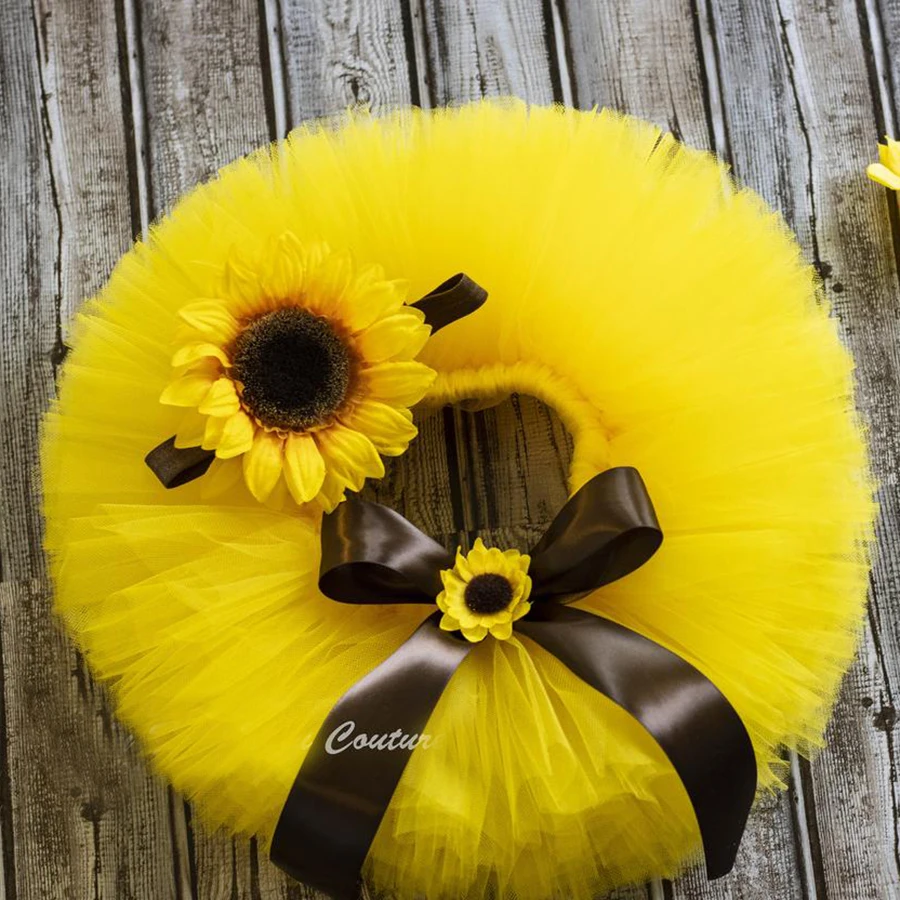 Fluffy Sunflower Tutu Set Baby Yellow Tutu Skirt with Headband Cake Smash Outfit Newborn Photo Props Infant Princess clothes images - 6