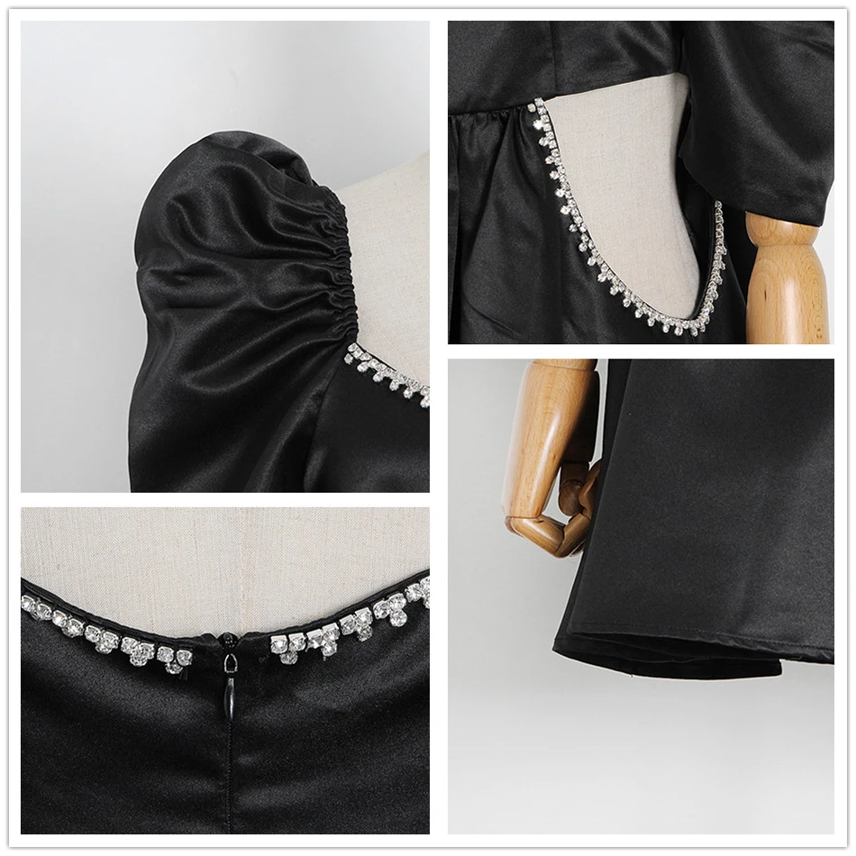 

High Quality Women'S Sexy Square Neck Puff Sleeve Waist Hollow Diamond A-Line Dress 2021 Summer New Club Party Dress Vestidos