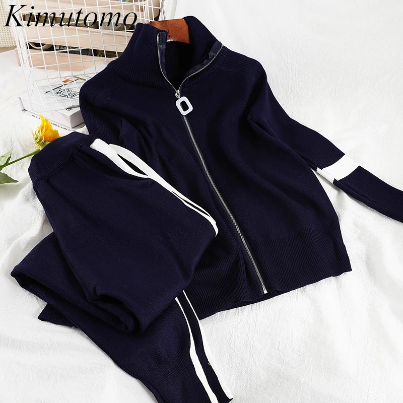 

Kimutomo Casual Two Piece Set Women 2021 Spring Stand Collar Long Sleeve Zipper Knitted Cardigan and Elastic Waist Haroun Pants
