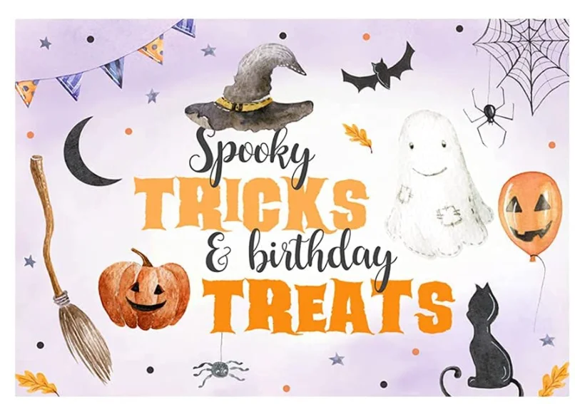 Halloween Spooky Tricks and Birthday Treats Boy Girl Birthday Autumn Pumpkin Party Background Banner for Cake Table Decor enlarge