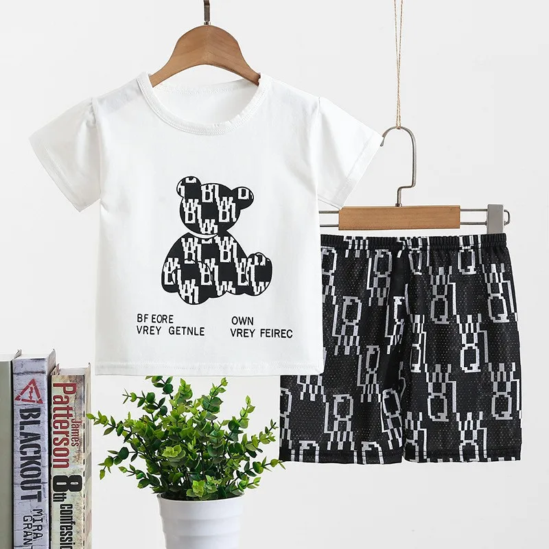 2 шт./компл. модные джинсы для мальчиков черная с коротким рукавом изображением