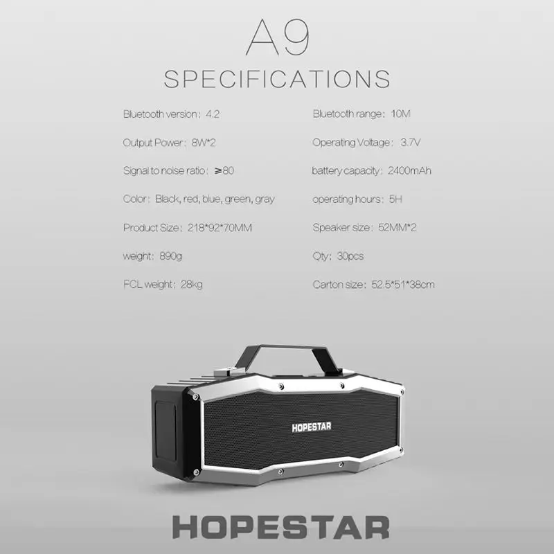 Hopestar A9 Ipx6 Водонепроницаемый Bluetooth динамик открытый портативный беспроводной