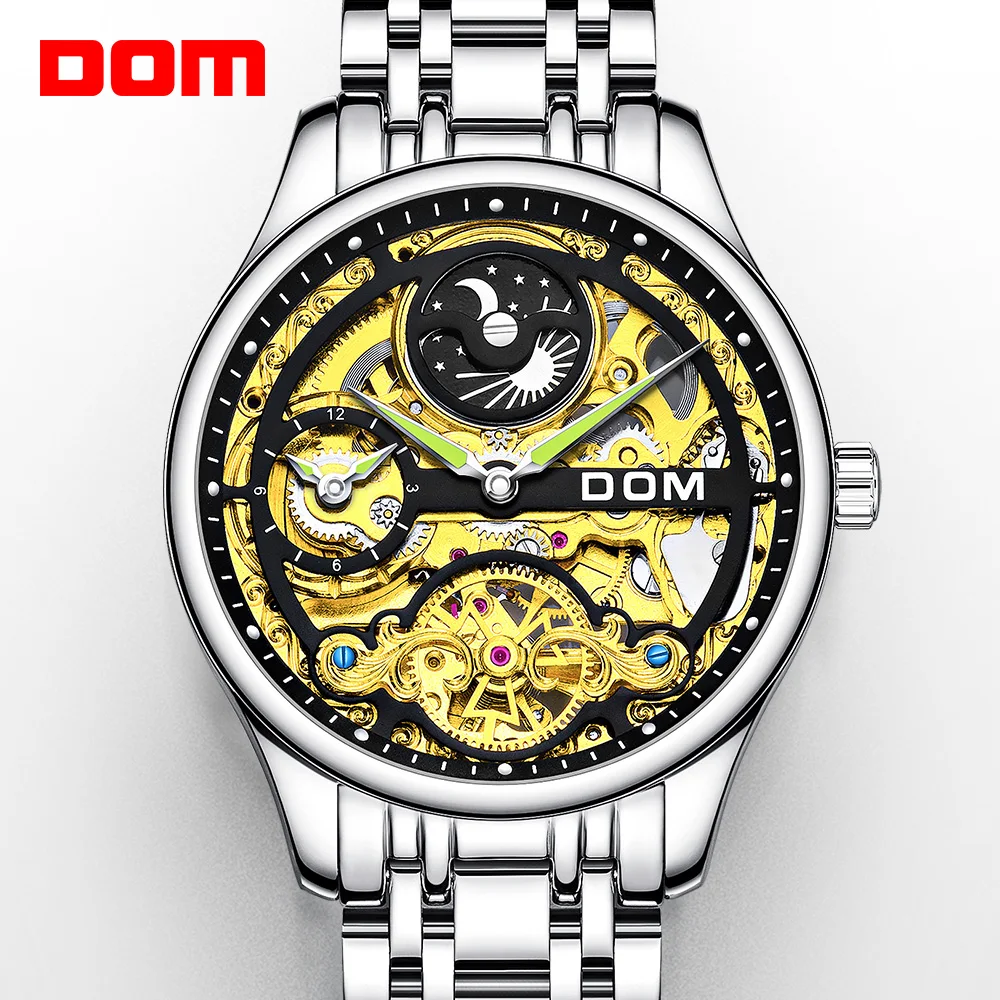 DOM Automatic mechanical watch men's watch mechanical sense fashion business casual hollow design swimming waterproof dual clock