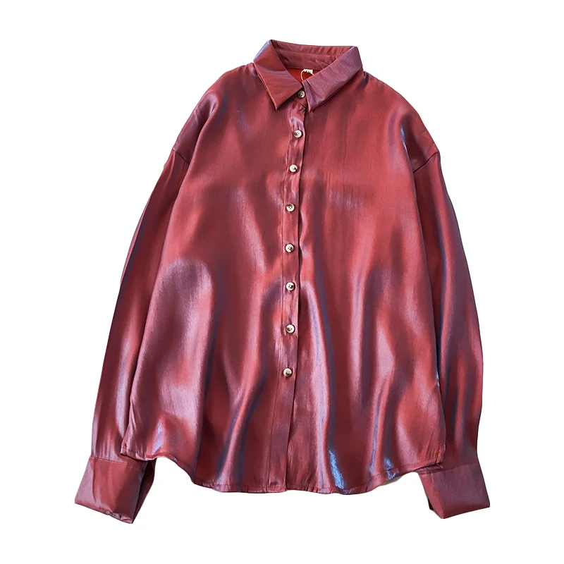 

2021 Early Spring Style Hong Kong Style Shirt Girl Retro Hong Kong Style Cold Top Polarized Satin Design Sense Niche Shirt