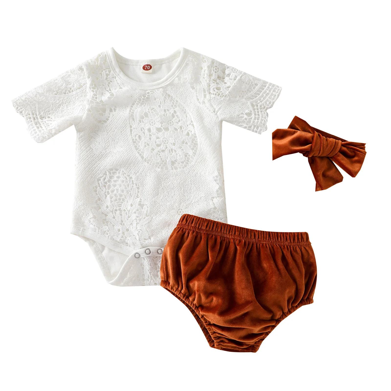 

Bmnmsl Baby Girls 3Pcs Summer Outfits Sets Short Sleeve Floral Lace Romper + High Waist Shorts + Headband Suit