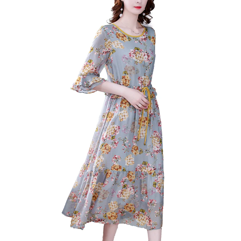 

High-end Dress Female Summer 2021 New Temperament Mid-length Floral Dress European Style Ladies Casual Long Dress