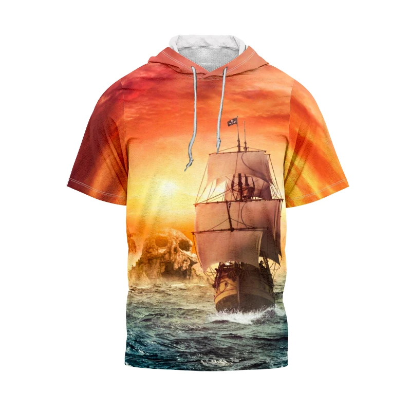 

Sea Sailing 3D Printed T-shirt Men's War Broad Sea And Sky Fashion Hip-hop Casual Street Retro Hooded Short Sleeve