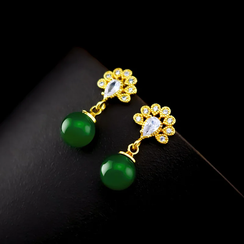 Модные серьги для женщин 14K позолоченные серьги-гвоздики с зеленым Изумрудным