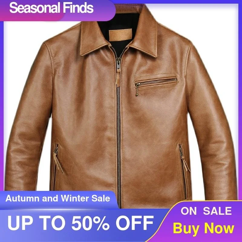 

Light 2021 Brown Casual Style Genuine Leather Jacket Men Plus Size 4XL Real Natural Cowhide Spring Slim Fit Young Male Coat