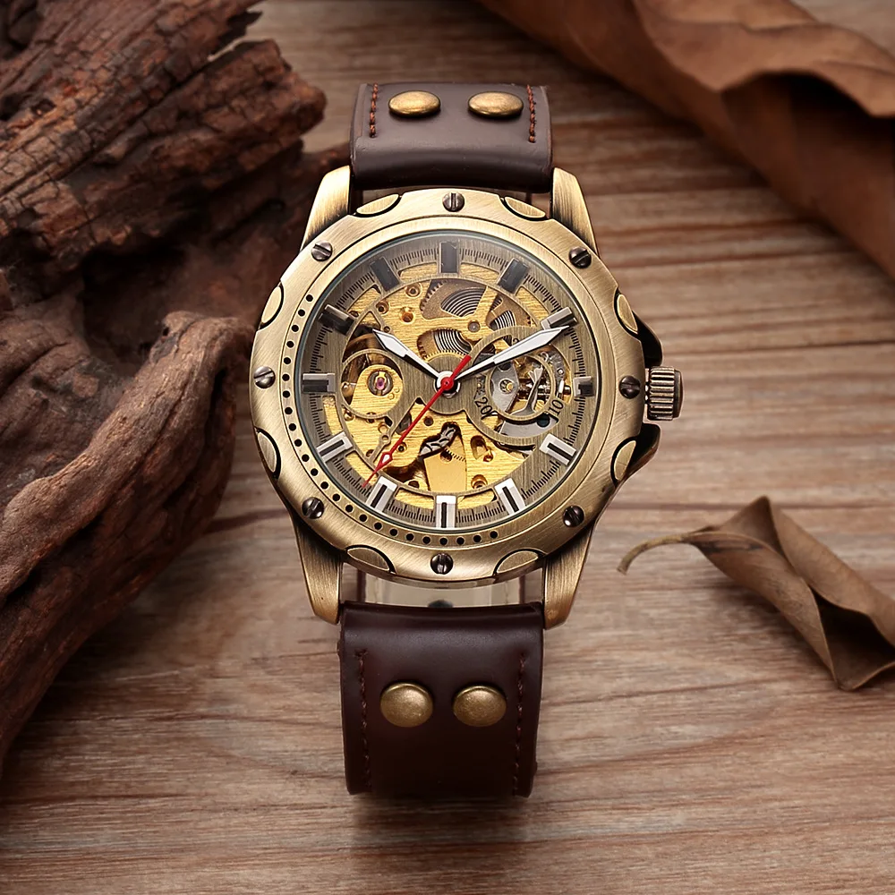 

SHENHUA Men's Classic Retro Wrist Mechanical Watch Fashion Skeleton Steampunk Self Winding Men Wristwatches Relogio Masculino