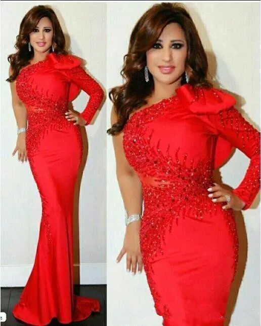 

2020 Charming Evening Dress Beaded Mermaid One Shoulder With Long Sleeves Formal Party Gown Floor Length Prom Gowns Custom Made