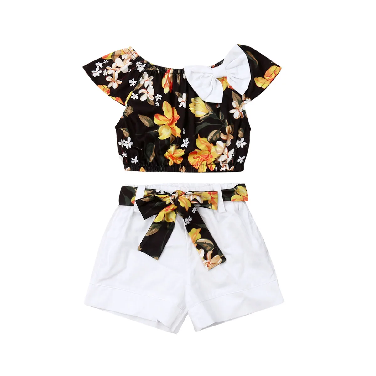 

1-5 Years Old Fashion Newborn Baby Kid Girl Clothes Summer Floarl Top T-shirt Solid Short Pant 2pcs Outfits Set Clothing