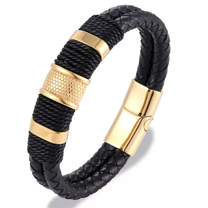 

High Quality Double Layers Genuine Leather Bracelets Bohemian Jewelry for Women Girls Fashion Gold Color Stainless Steel Bangles