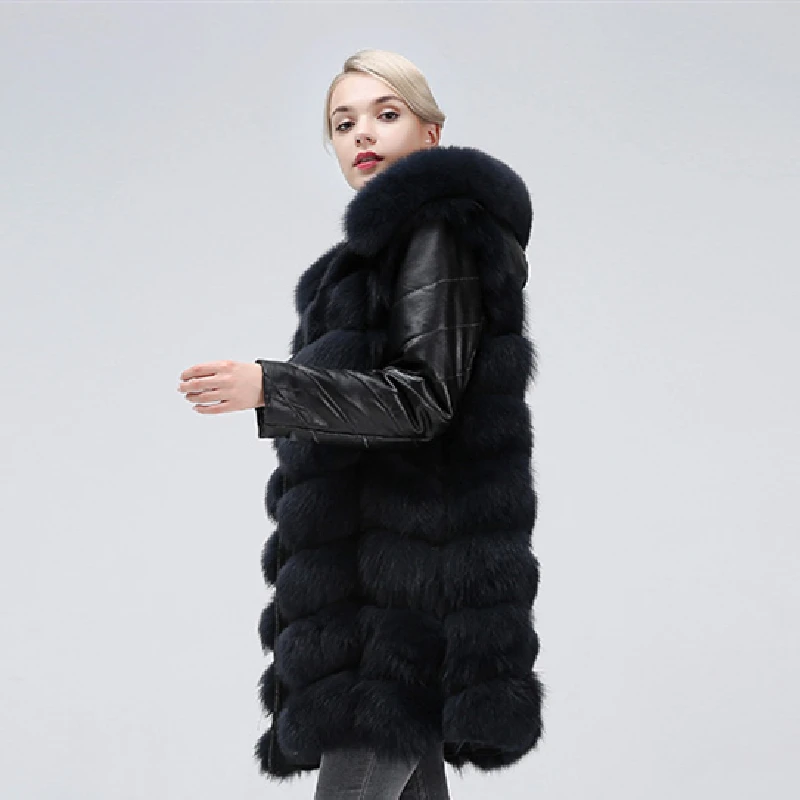 Natural New Genuine Fur Fox Vest  Long Fox Fur Sheepskin Hat Coat Sheep Skin Demolished Sleeves Can Detachable Jacket