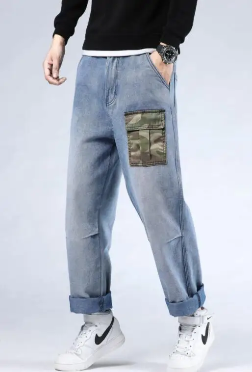Men Jeans Patch Pocket Hip Hop Harem Jeans Camouflage Patch Denim Pants Loose Baggy Jeans Skateboard  Jeans