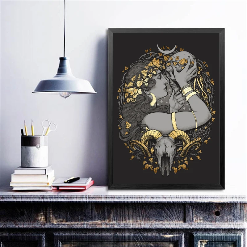 

Gothic Wiccan Skull Tarot Ouija Magic Pagan Canvas Painting Medusa Dollmaker Poster Wall Art Gold Leaf Picture for Home Decor