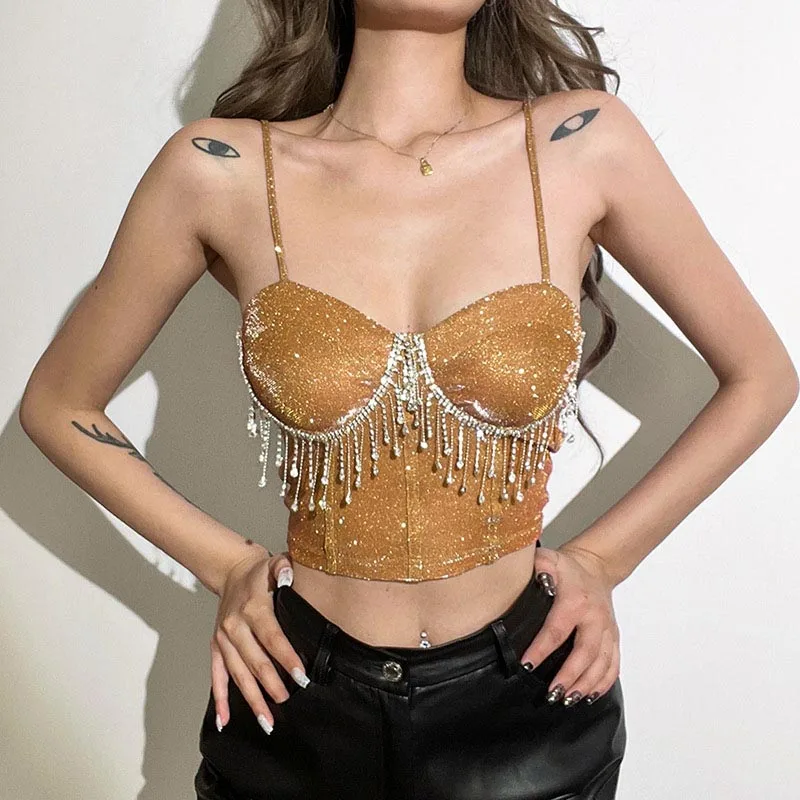 

Summer 2022 Spring Women Bodycon Camis Rhinestone Tassel V-Neck Solid Corset Spaghetti Tees Street Vest Party Sexy Crop Tank Top