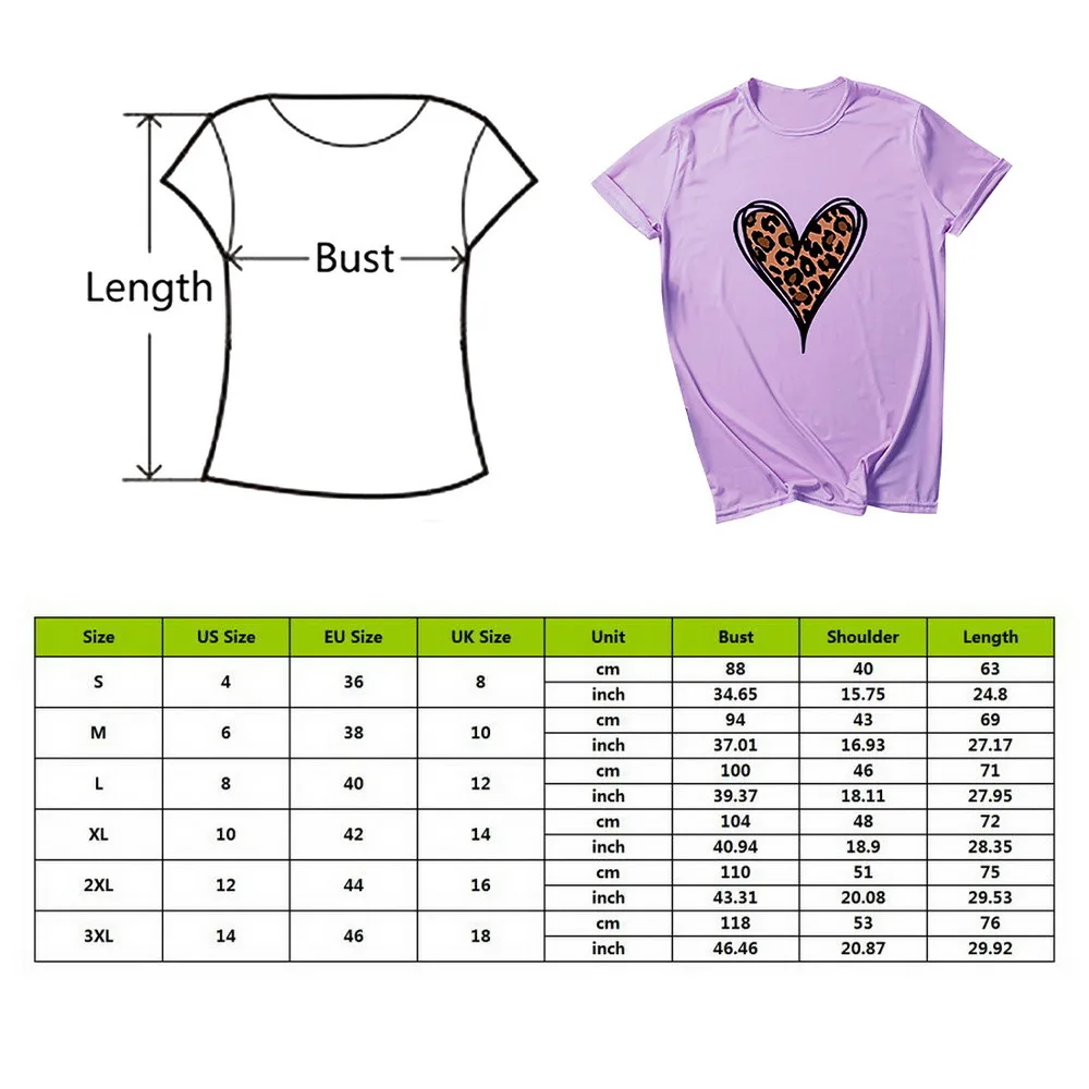 

SHUJIN Women T Shirts Fashion Leopard Heart Print Tee Tops Summer T Shirt Femme Short Sleeve Round Neck Tshirt Woman Clothes