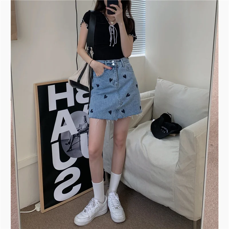 

ZAWAHIKI 2021 Summer Woman Skirts Print Love Korean Vintage High Waist Denim Sexy Mini Skirts A-line Ins Fashion Mujer Faldas