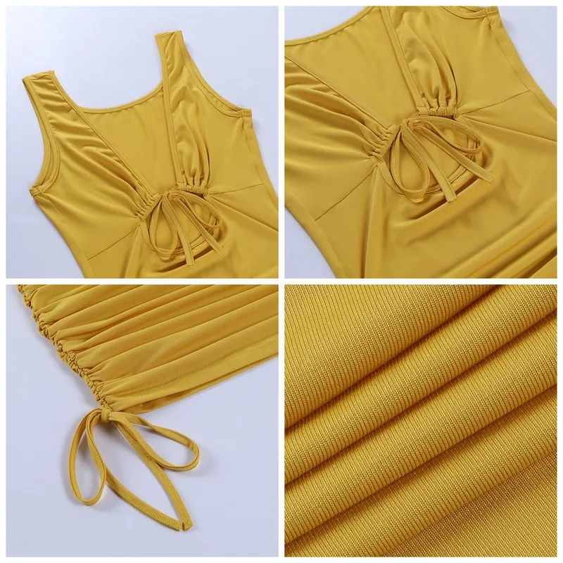 

Aushiya Drawstring Ruched Deep V-Neck Sexy Summer Dress Sleeveless Hollow Out Dresses For Women 2021 Clubwear Female Vestidos