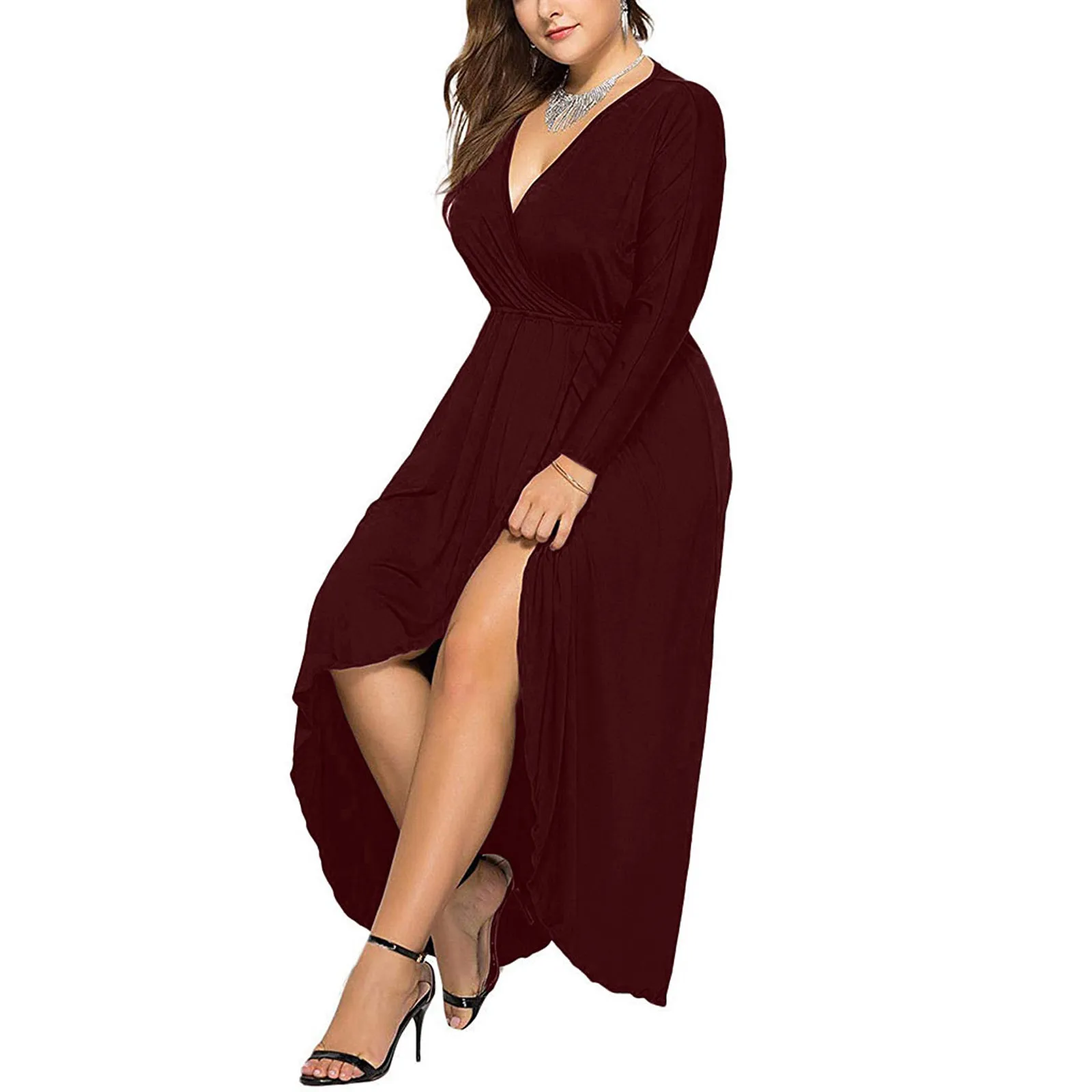 

Sexy Long Dress Women's Fashion V-Neck Slim Solid Color Long Sleeve Sexy Evening Dress Party Shopping