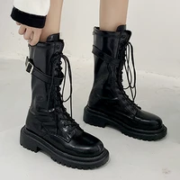 womens boots 2021 winter new style pu leather fashion belt buckle and calf platform shoes female designer motorcycle boots