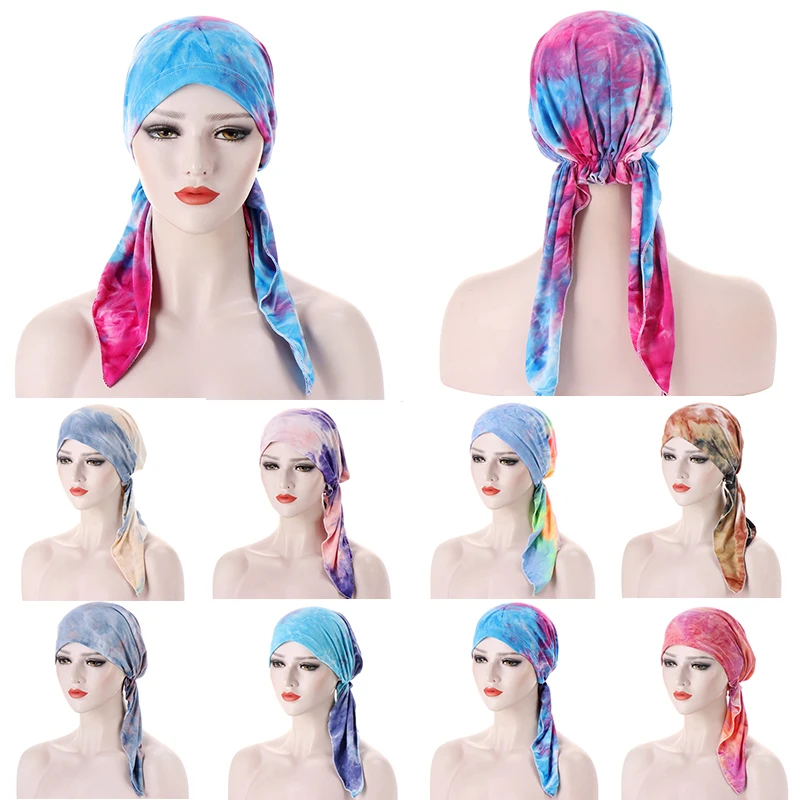 

Tie dye Women Hijabs Hats Muslim Long Tail Head Scarf Hair Loss Chemo Cancer Cap Head Wrap Wide Band Strech Durags Bandanas