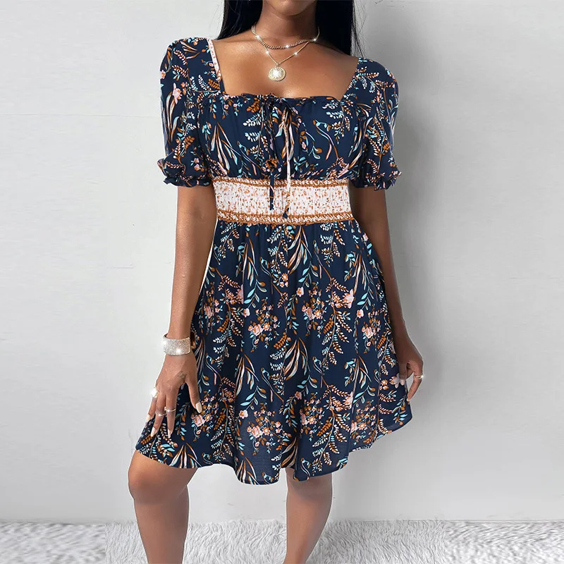 

Women Elegant Short Sleeve Summer Dress Lady Sexy Square Collar Tie-up Backless Mini Dress Casual Floral Print Party Beach Dress