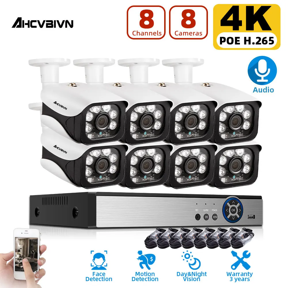 

Комплект уличных IP-камер видеонаблюдения, 4K Ultra HD POE, 8 каналов, 8 Мп, H.265, NVR, Аудиозапись