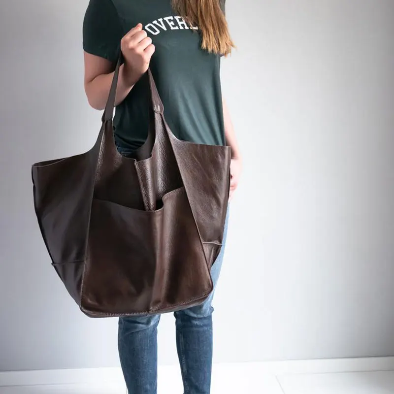 

Soft Large Handbags Retro High Capacity Tote For Women Metal Look Luxury Pu Leather Shoulder Bag Big Shopper Bag Female Purse