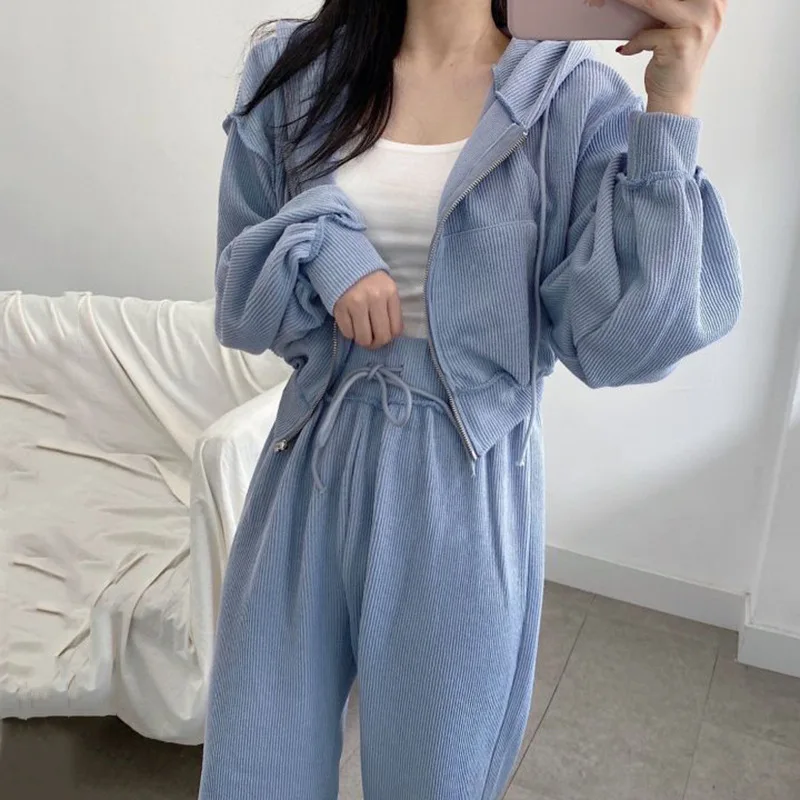 

Women's Sports Suit Loose Autumn and Winter New 2-piece Set Candy Color Zipper Hooded Sweater Jacket + High Waist Casual Pants