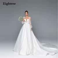 eightree sexy dot long sleeves princess wedding dresses sashes a line v neck pleats satin marriage beach bridal gowns