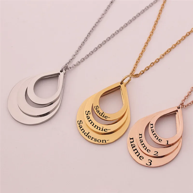 

Personalized Custom Name Necklace Jewelry Engraved 3 Name Water Drop Pendant stainless steel Necklace Jewelry Gift For Mom Girl
