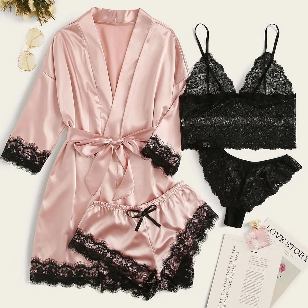 

Sleepwear Female Pajamas Set Satin Pyjamamas Lace Patchwork Bridal Wedding Nightwear Rayon Home Wear Nighty&Robe Suit #4