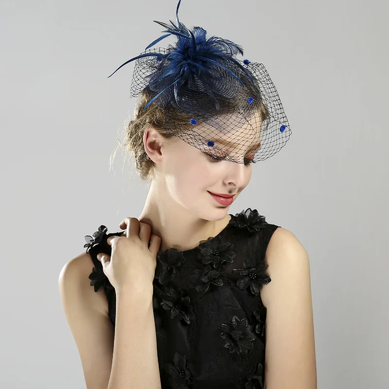 Женская Вуаль с голубыми перьями Свадебная шляпка для невесты модная шикарная 2019
