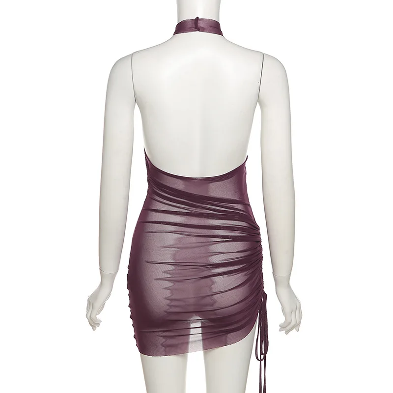 

BOOFEENAA Sexy Nightclub Mesh Dresses for Women 2021 Fashion See Through Criss Cross Halter Backless Mini Dress C83-AF10