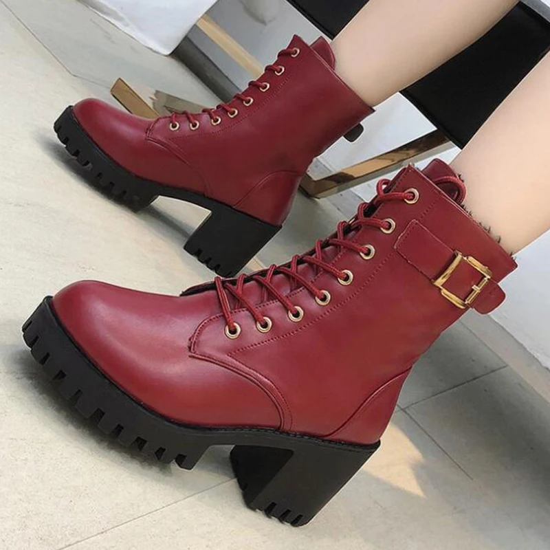 Модные женские ботинки Сезон весна-осень Кожаные короткие ботиночки на высоком