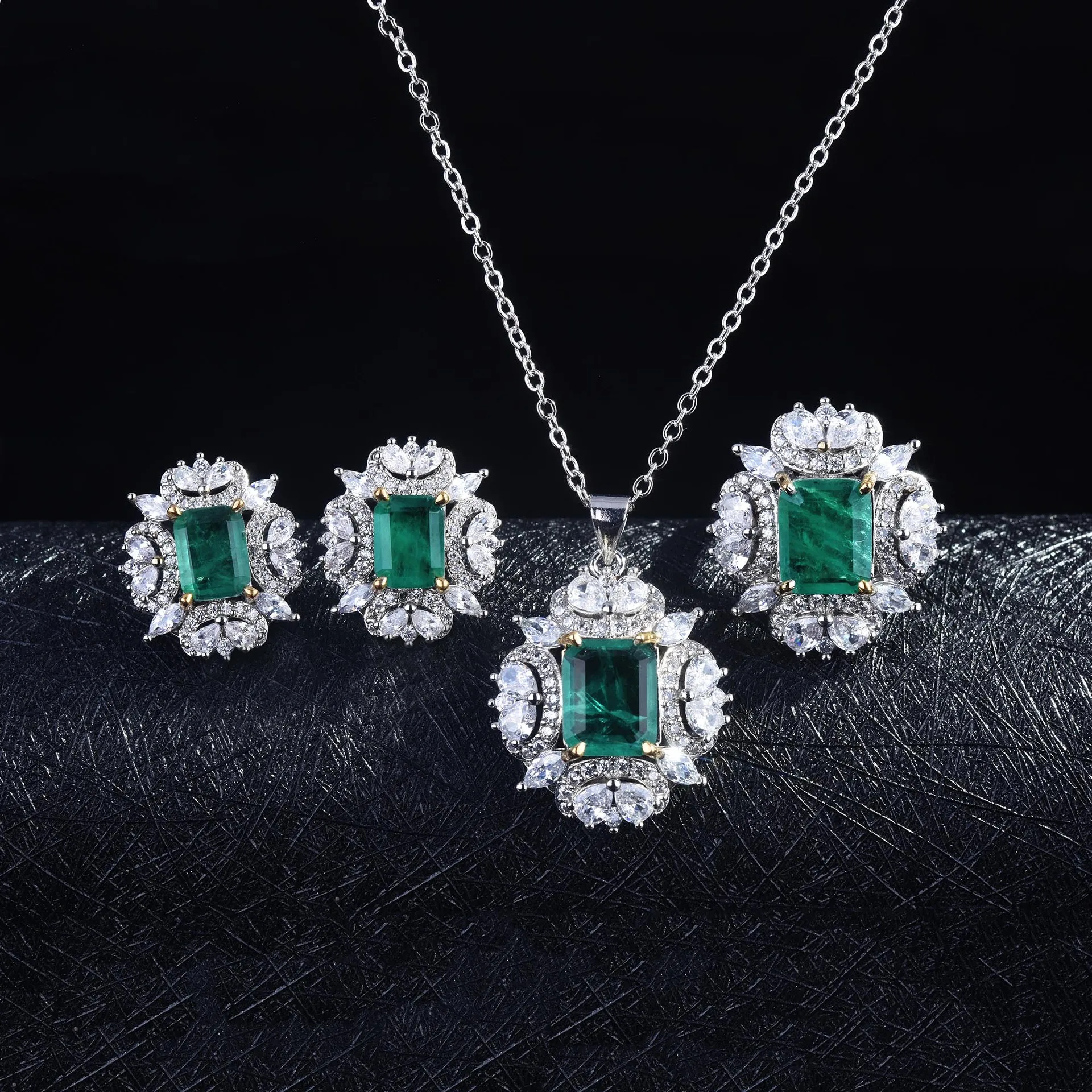 Luxury Vintage 925 Sterling Silver Jewelry Set Square Nature Emerald Gemstone Wedding Bridal Party Ring/Earring/Necklace | Украшения и