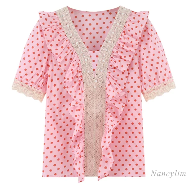 

Lace Splicing Beads Ruffled Polka Dot V-neck Short Sleeve Shirt for Women 2021 Summer Female Pink Top Blusas Mujer De Moda