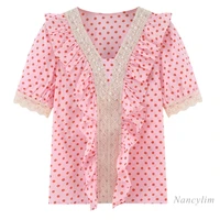 lace splicing beads ruffled polka dot v neck short sleeve shirt for women 2021 summer female pink top blusas mujer de moda