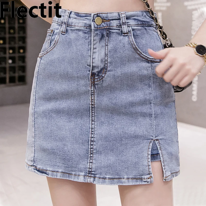 Flectit Women Notched Denim Mini Skirt Plus Size S- 5XL Saia Jeans 90s Streetwear