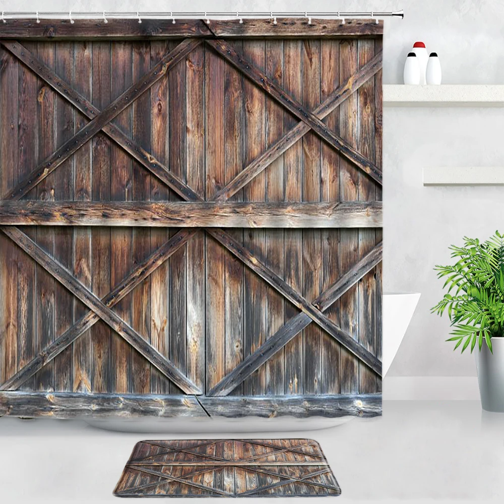 

FILMILIL Retro Blue Barn Wooden Door Shower Curtains Bath Mats Sets Vintage Farm Style Chic Foot Pad Bathroom Carpet Home Decor