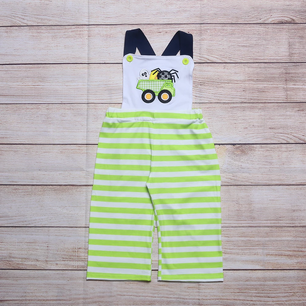 

Summer Clothes Boy Green Striped Sleeveless Navy Blue Strap Halloween Ghost Truck Embroidery Pattern Toddler Romper