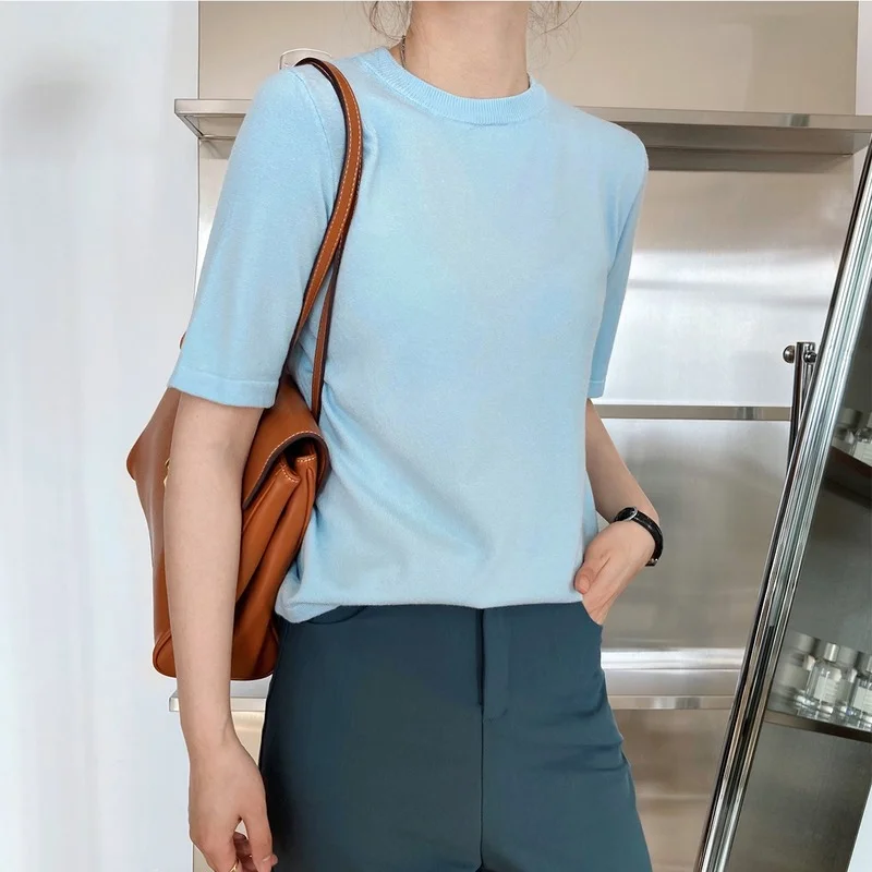 

Spring New O-neck Short Sleeve Women T-shirts Simple All Match Slim Solid Knitted Tees 2021 Work Style Ol Base Layer Female Tops