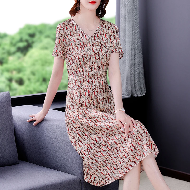 

2021 Casual L-4XL Plus Size Print Satin Midi Dress Vintage Mulberry Silk Beach Dresses Summer Women Elegant Slim Party Vestidos
