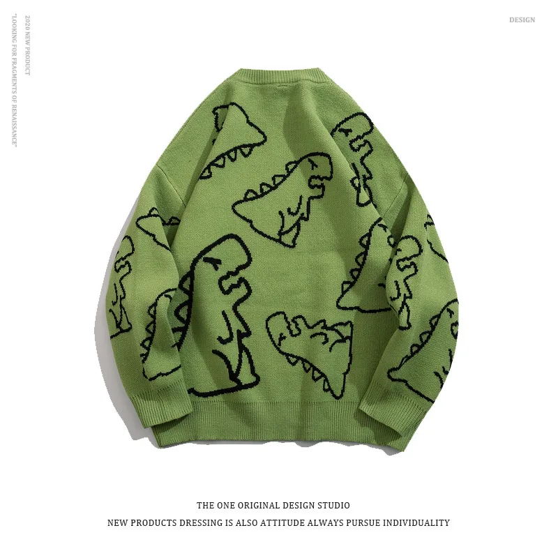 

Sweater Men Fashion Knitted Hip Hop Dinosaur Cartoon Pullover O-neck Oversize Casual Couple Male Sweaters