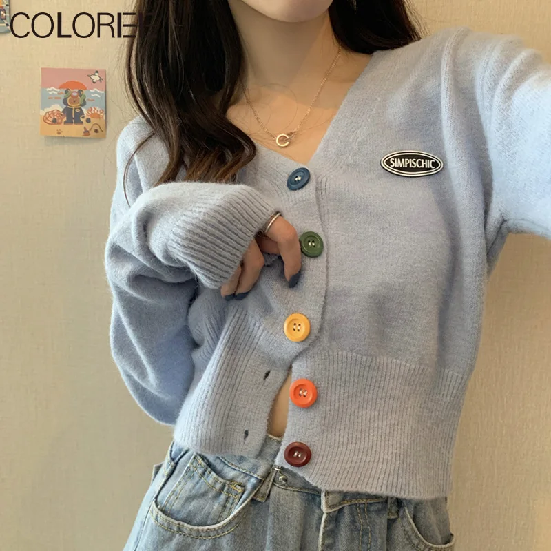 

Women Knitted Cardigans Sweater Korean Fashion Autumn v-neck Long Sleeve Loose Coat Casual Button Solid Female Tops 2021