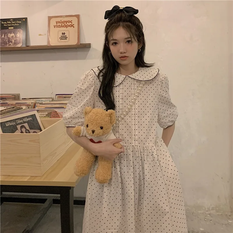 

College Style New Summer Short-sleeved Polka-dot Doll Collar Dress Japanese Sweet Little Man Mid-length A-line Dresses For Women